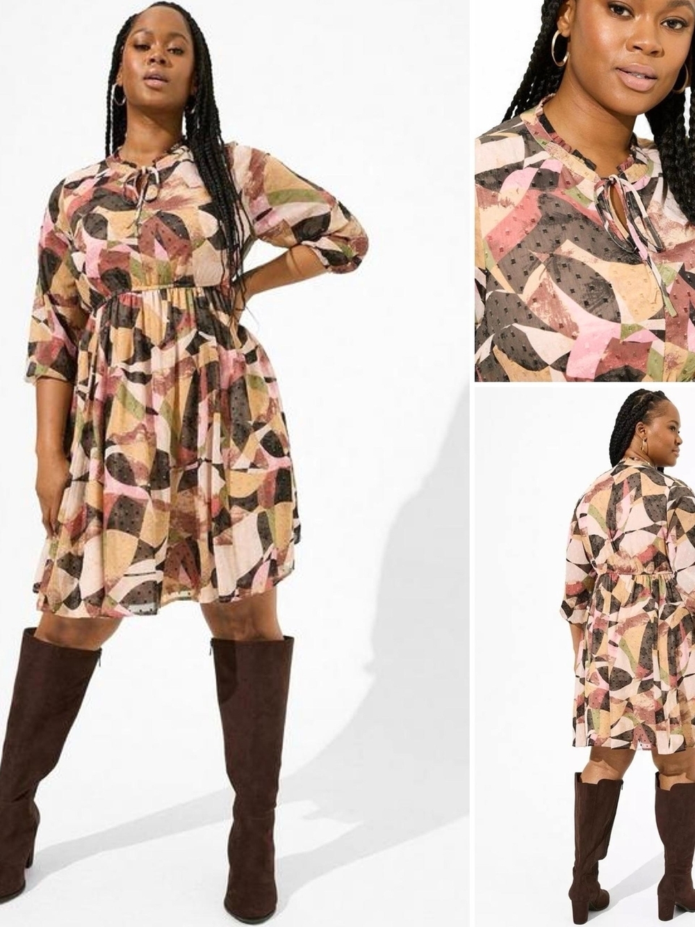 torrid Abstract Geometric Midi Dress in Pink, Green, Tan, Black, Cream, Size 0